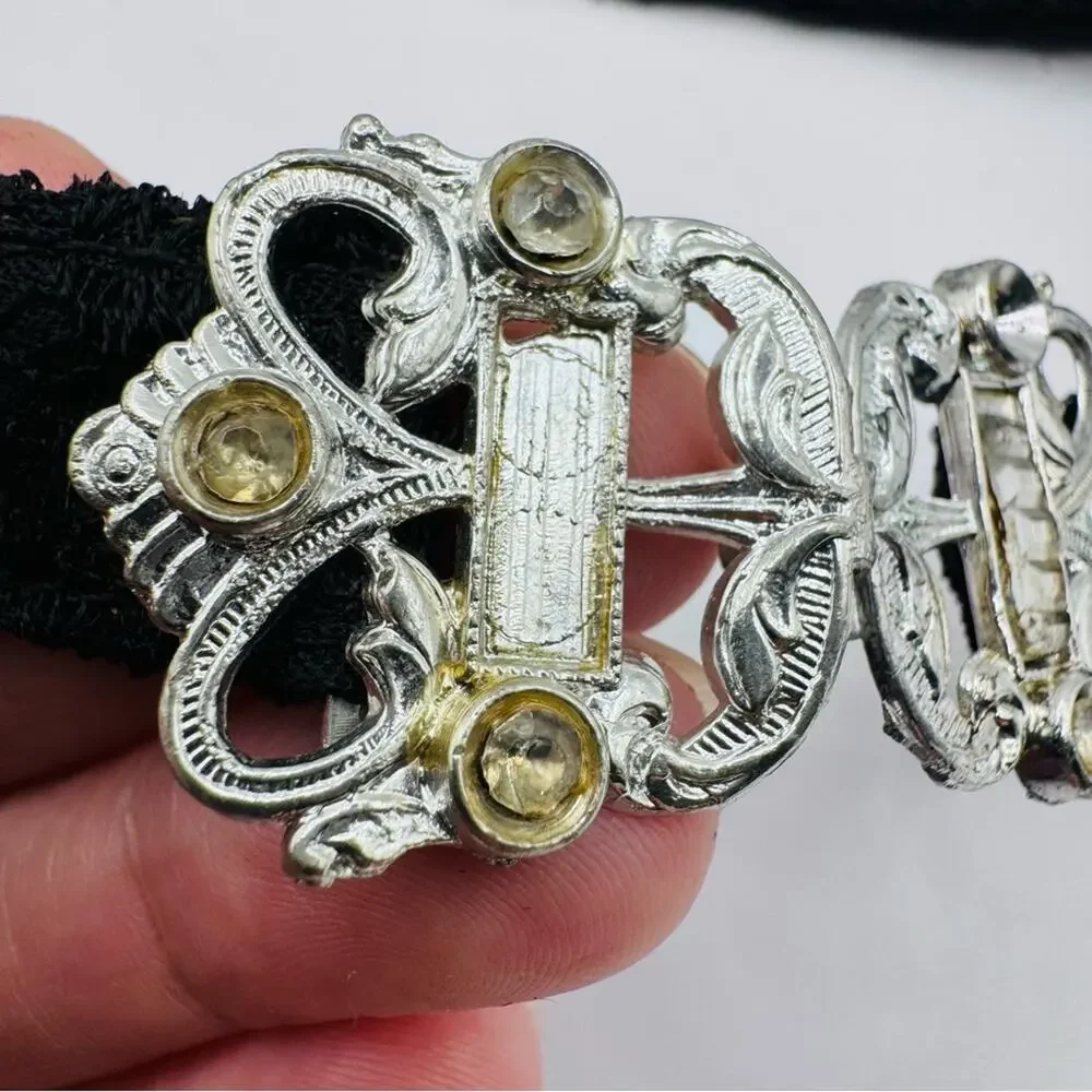 VTG WMCA Art Deco Silver Tone Belt Buckle Black Lace Belt Missing Rhinestones